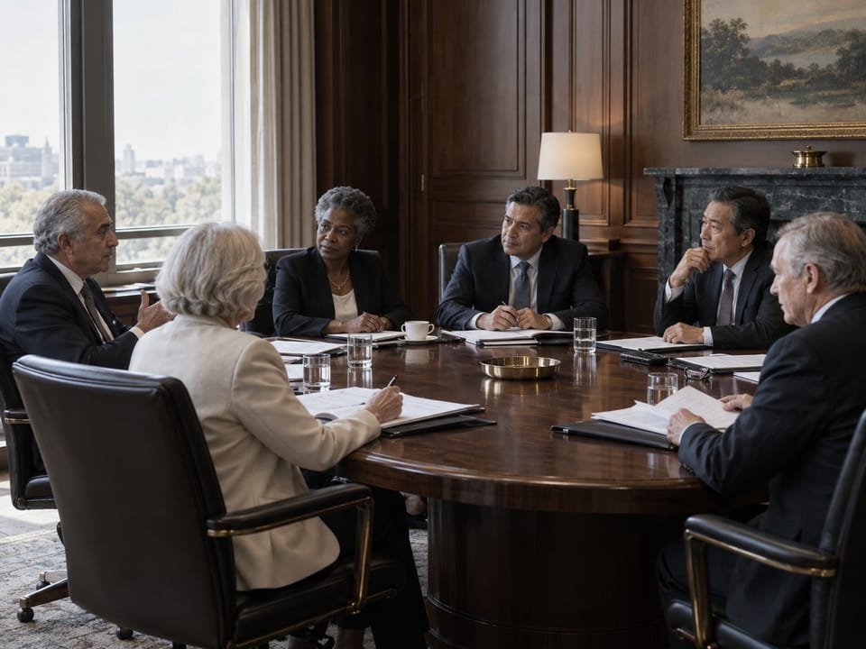 Boardroom with independent directors reviewing governance materials