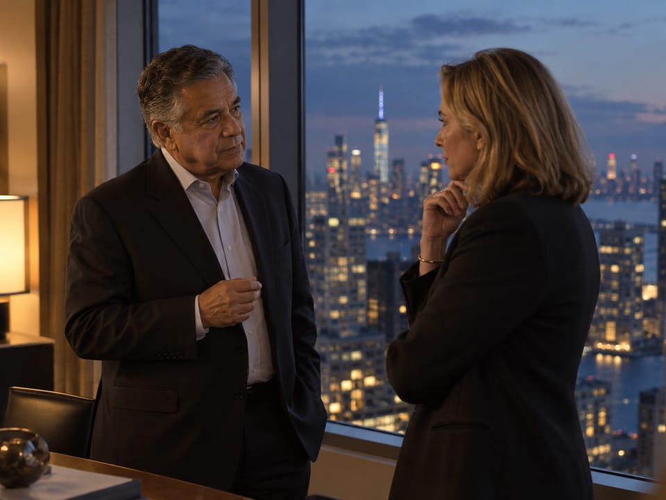Two executives in conversation in a New York office at dusk