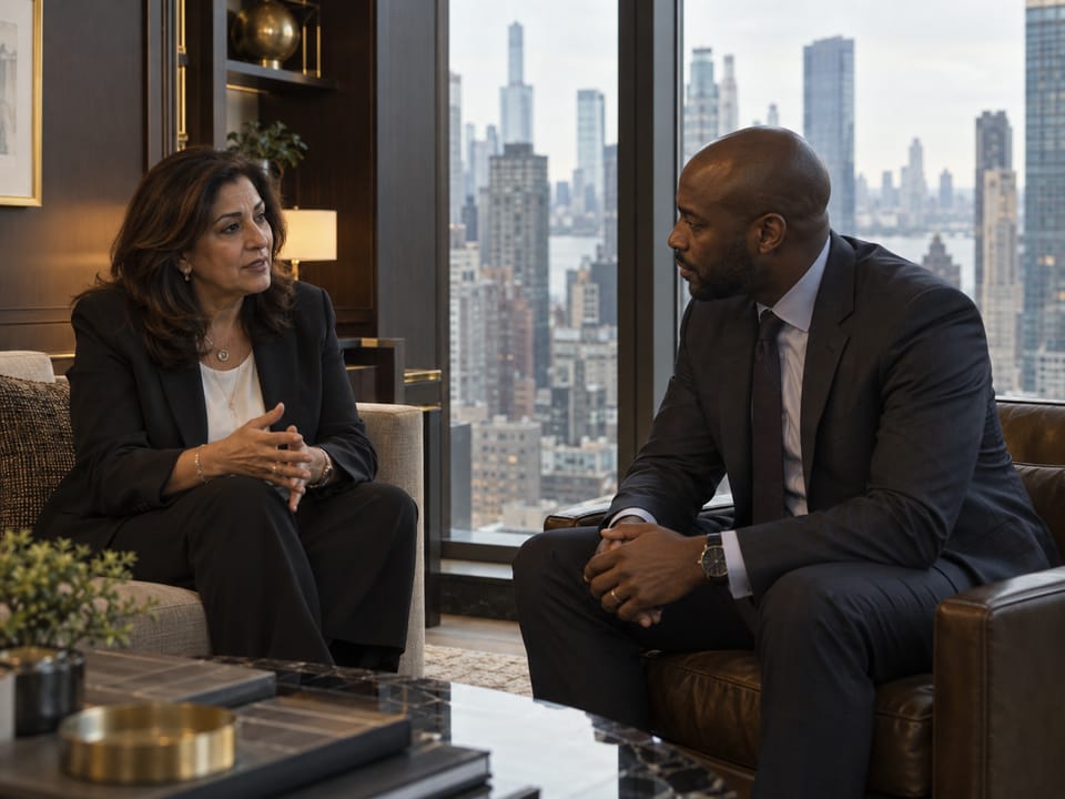 Executives in conversation in a New York office with the Manhattan skyline behind