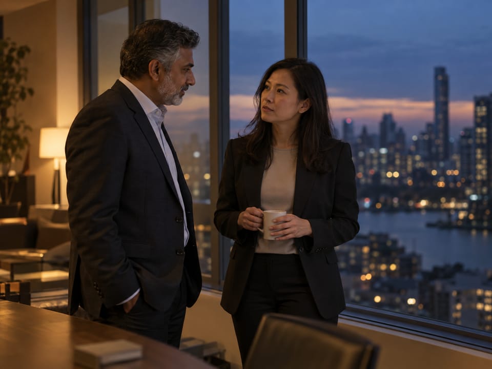 Two executives in conversation in a Phoenix office at dusk