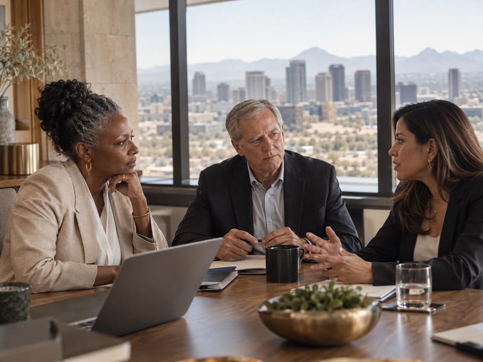 Executive leadership meeting in a Phoenix office with the downtown skyline behind