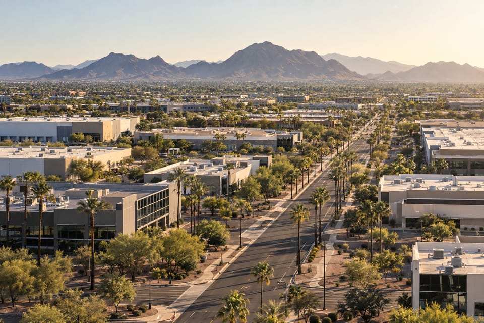 Aerial view of a Phoenix-area industrial and technology corridor