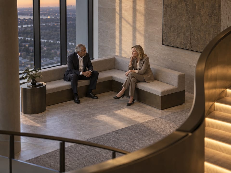 Two aerospace executives in a quiet corner conversation