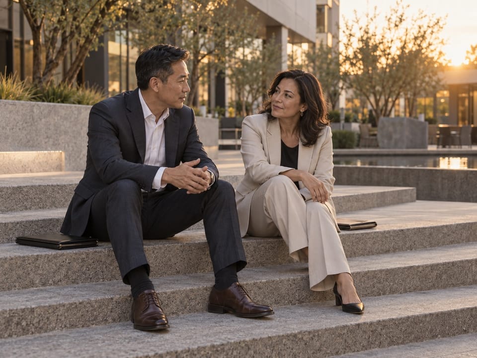 Two construction executives in a quiet corner conversation