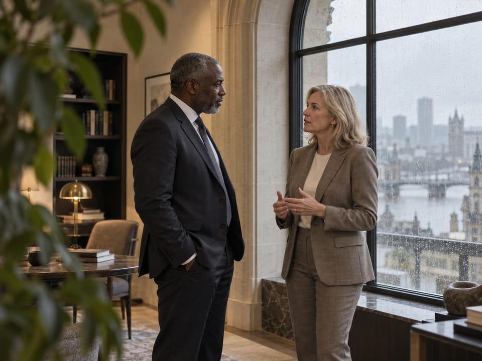 Two banking executives in a quiet corner conversation