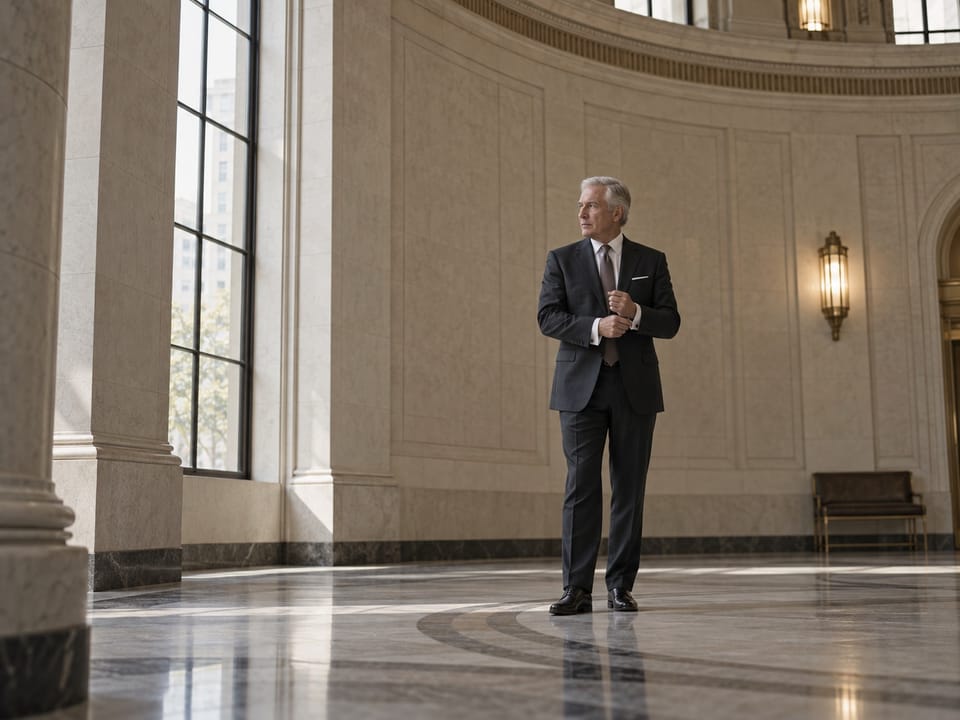 Financial Services executive leadership scene, no logos, no readable text