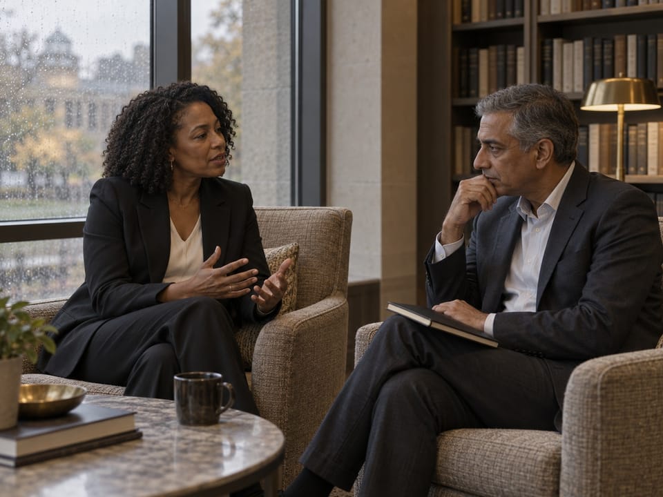 Two biotech executives in a quiet corner conversation