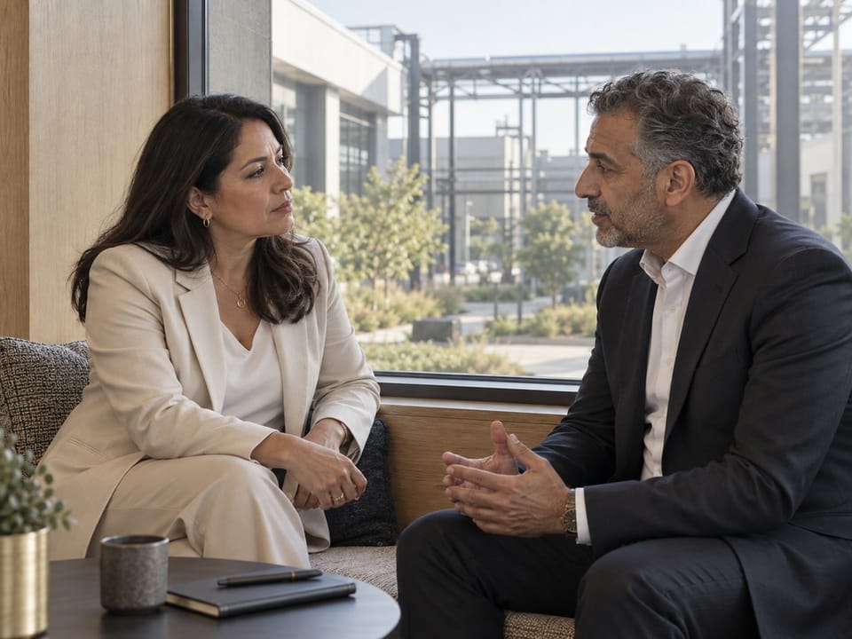Two manufacturing executives in a quiet corner conversation