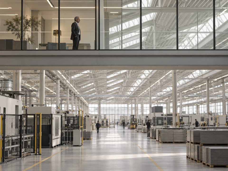 Manufacturing executive leadership scene, no logos, no readable text