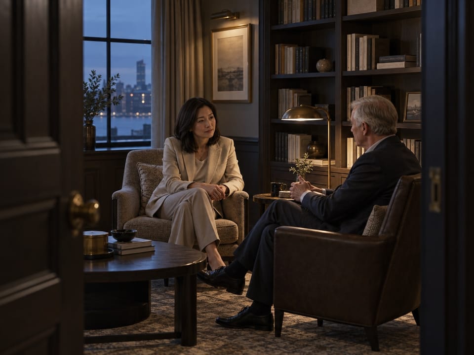 Two PE executives in a quiet corner conversation