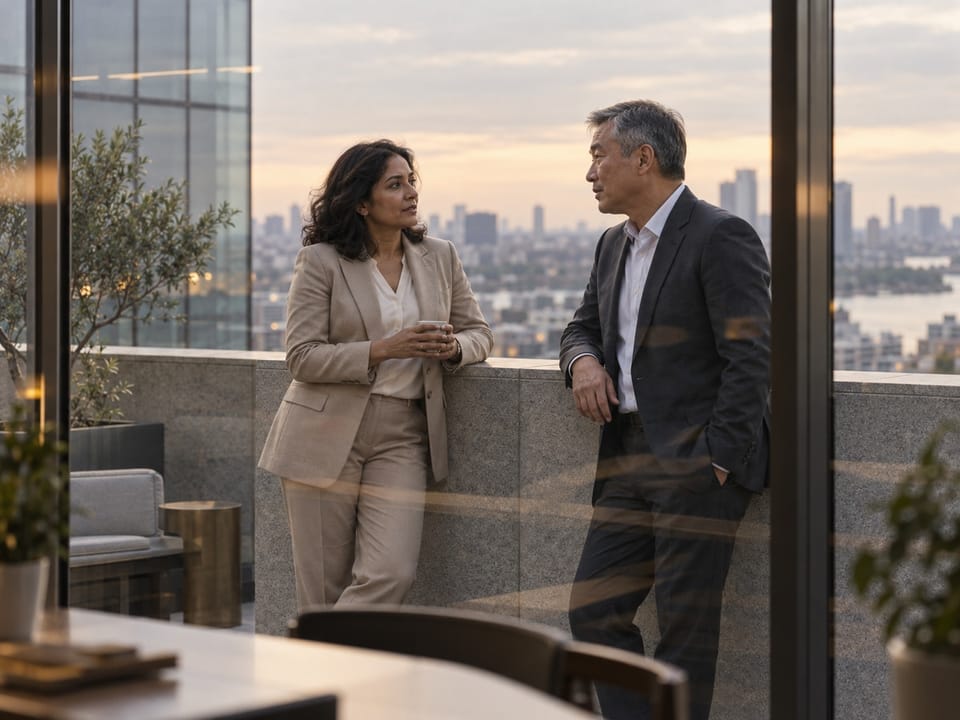 Two tech executives in a quiet corner conversation