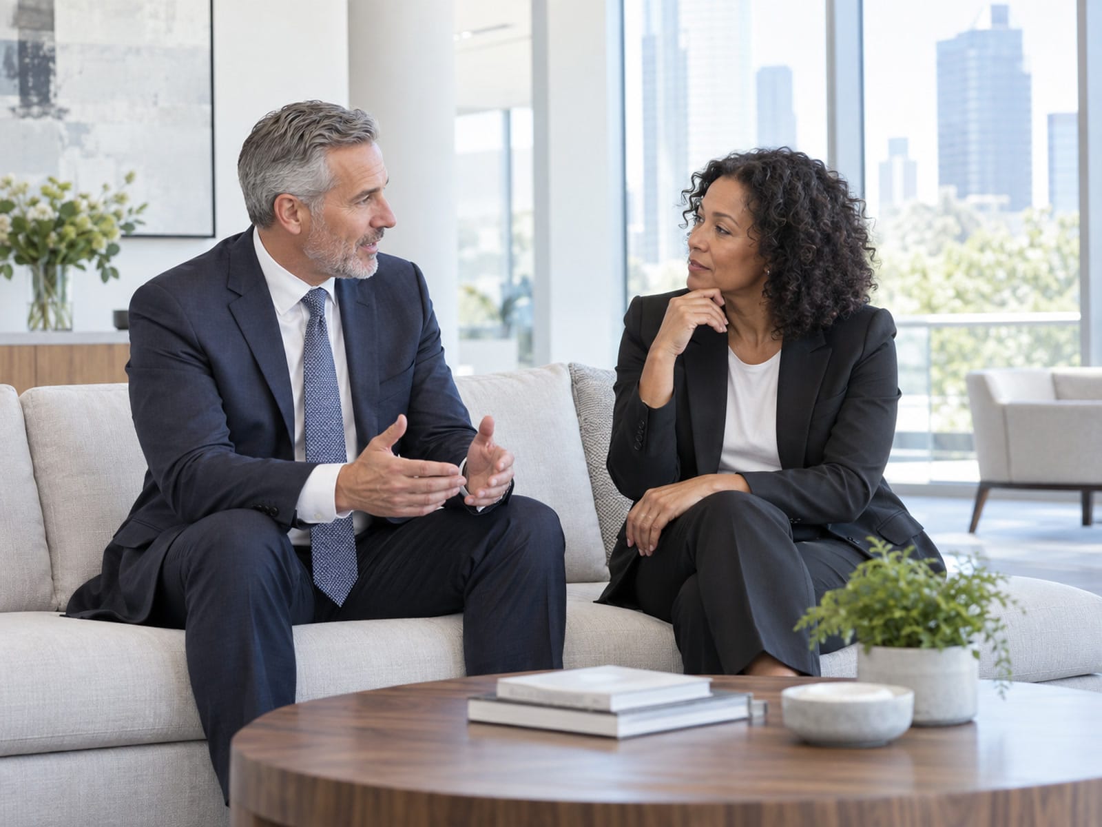 Two executives in a quiet corner conversation in a Phoenix office