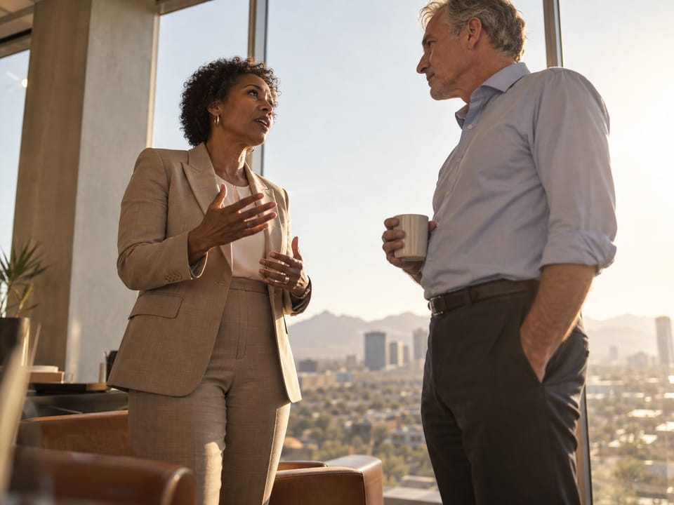 Senior executives in conversation in a modern Phoenix office, no logos, no readable text
