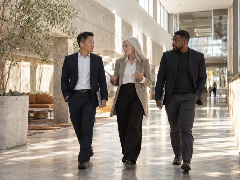 Executives in conversation in a modern Arizona office with desert light, no logos, no readable text