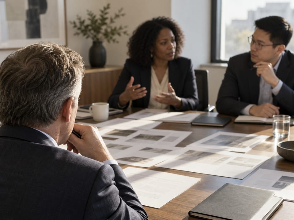 Executives reviewing figures across a boardroom table, no logos, no readable text