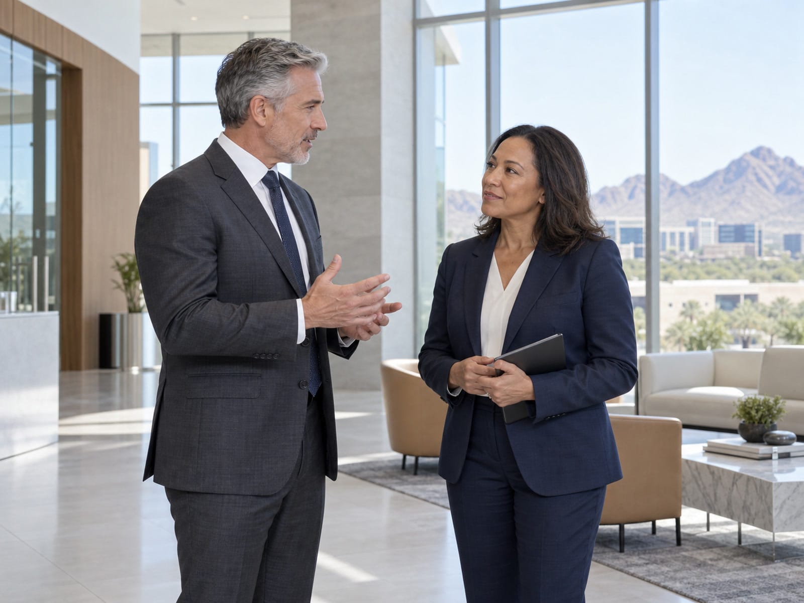 Two executives in a quiet corner conversation in a Scottsdale office
