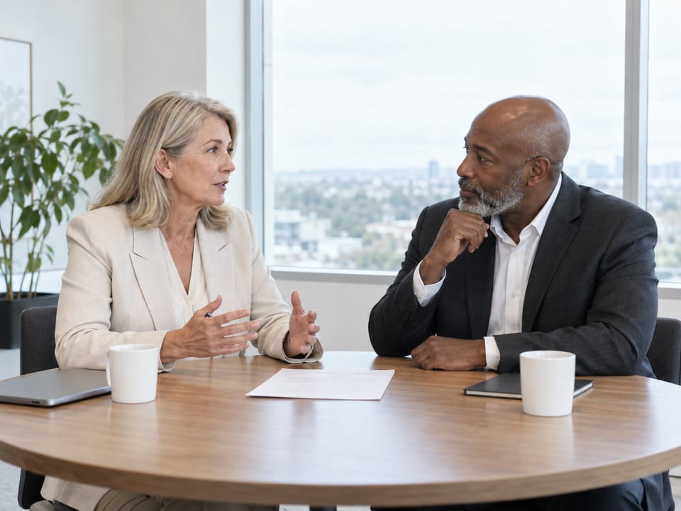 Two executives in a quiet corner conversation in a Tucson office