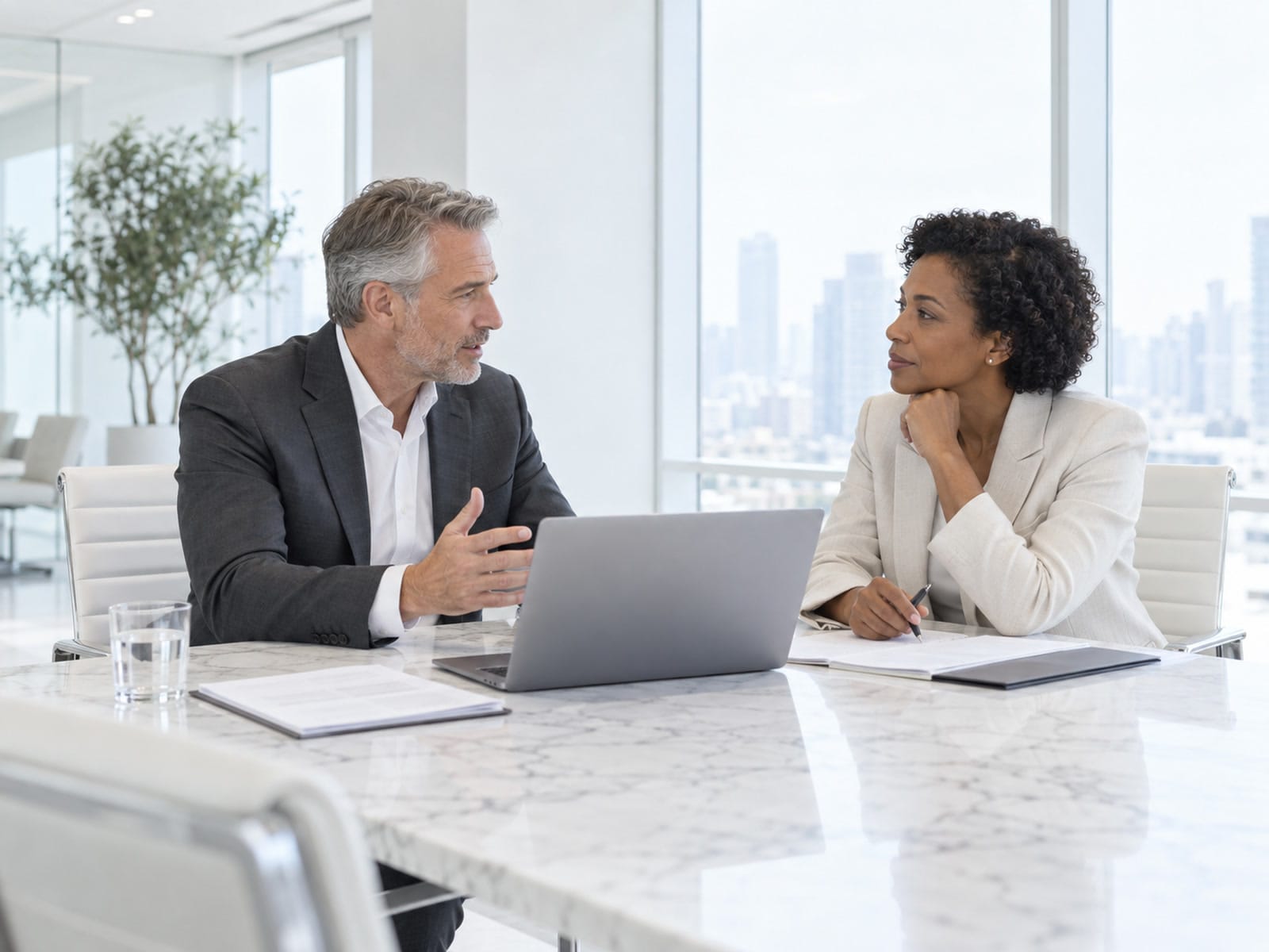 Two executives in a quiet corner conversation