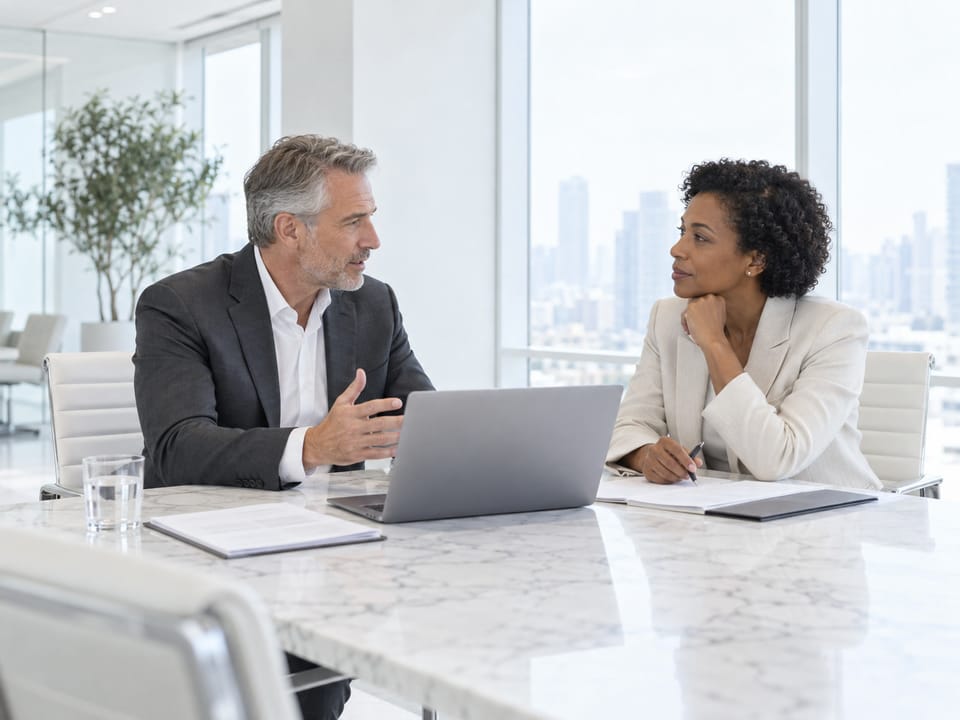 Two executives in a quiet corner conversation