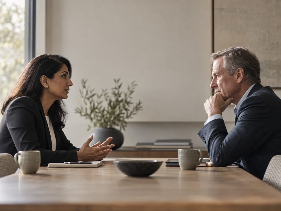 Two executives in a considered discussion across a table, no logos, no readable text