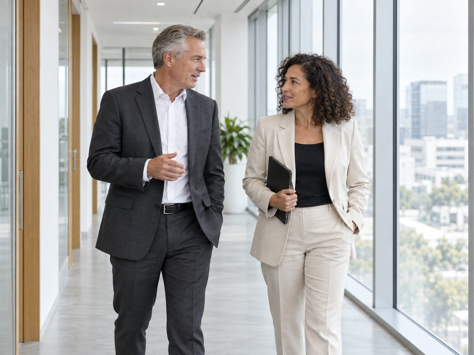Two executives in a quiet corner conversation in a West Valley office