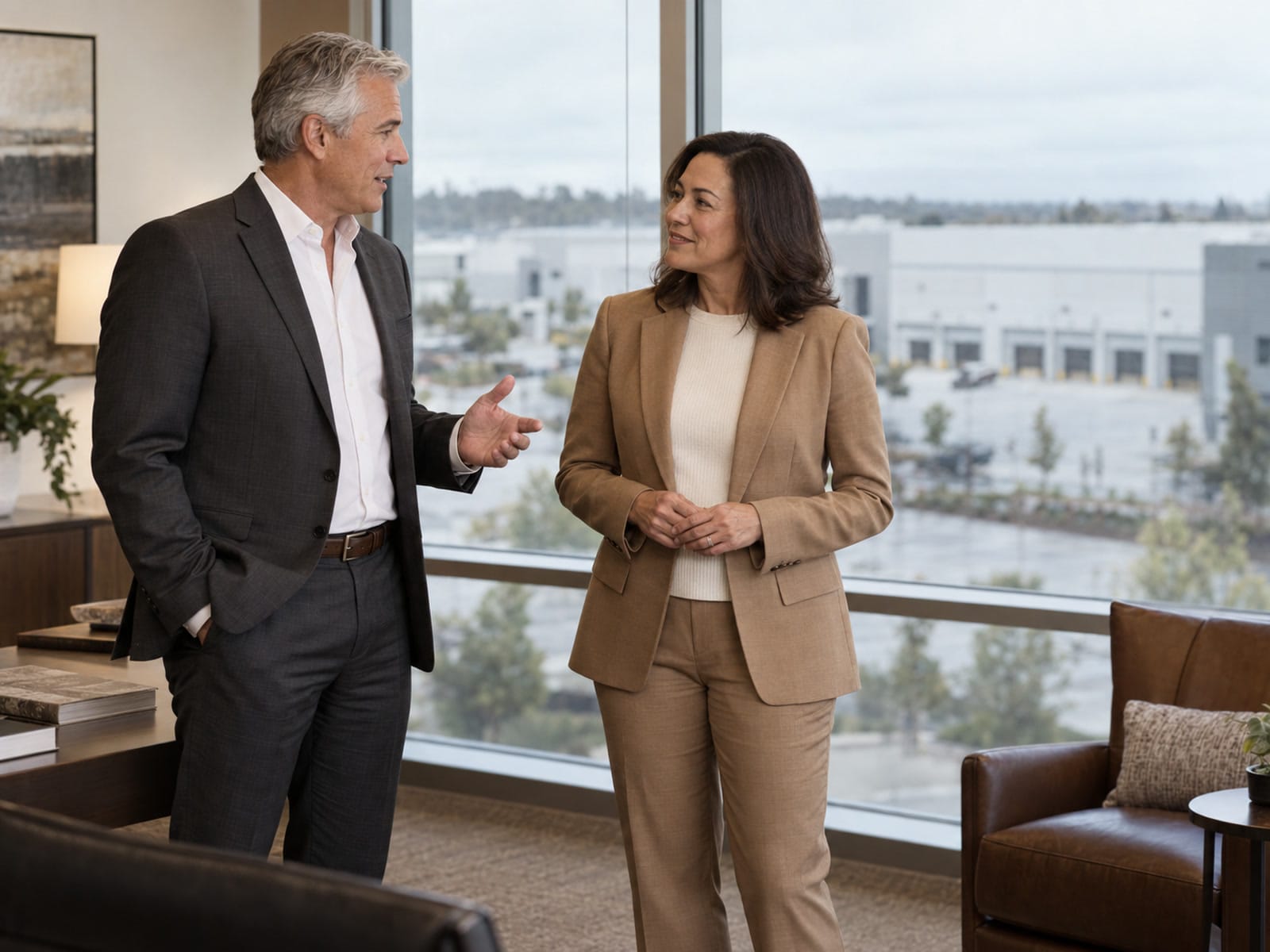 Executives reviewing operations in a modern West Valley facility office, no logos, no readable text