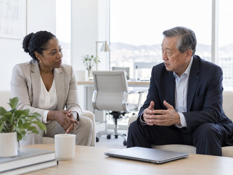 Two executives in a quiet corner conversation in a Glendale office