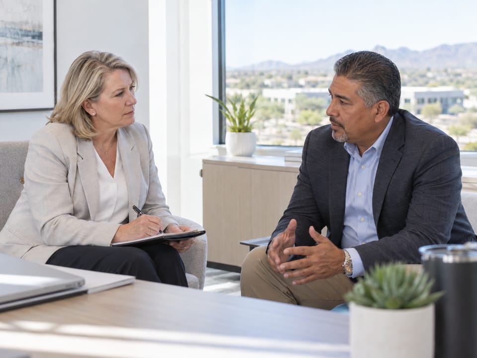 Two executives in a quiet corner conversation in a Peoria office