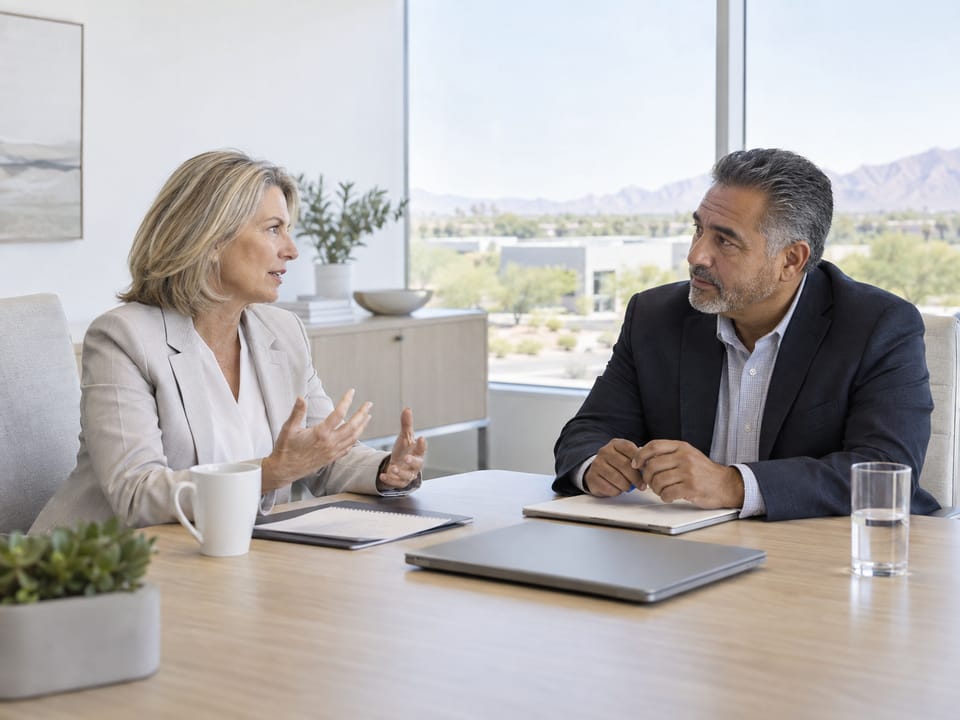 Executives in conversation in a modern West Valley office, no logos, no readable text