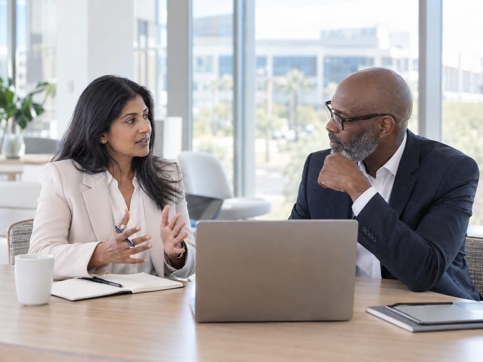 Executives in conversation in a modern Tempe office overlooking the campus corridor, no logos, no readable text