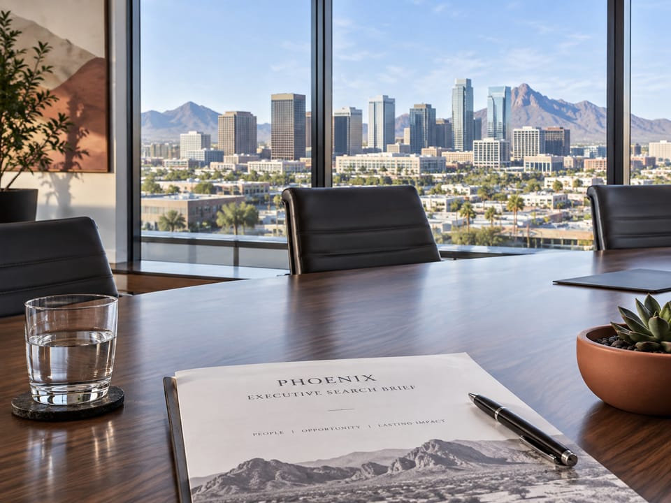 Downtown Phoenix skyline in cool midday daylight from an executive boardroom window