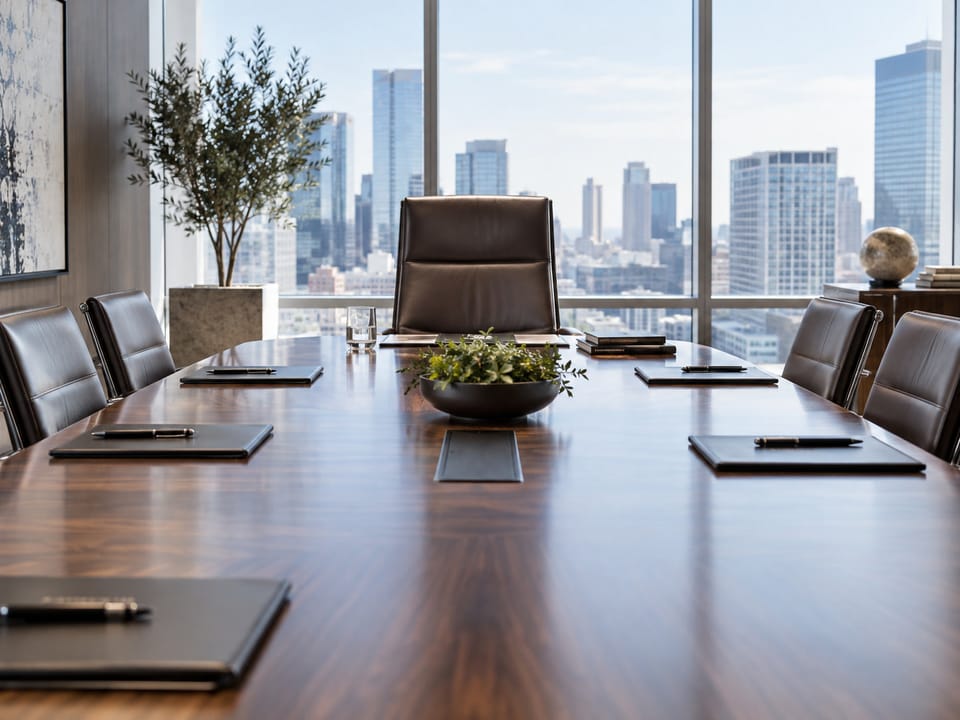 Empty leather chair at the head of an executive conference table in cool midday daylight