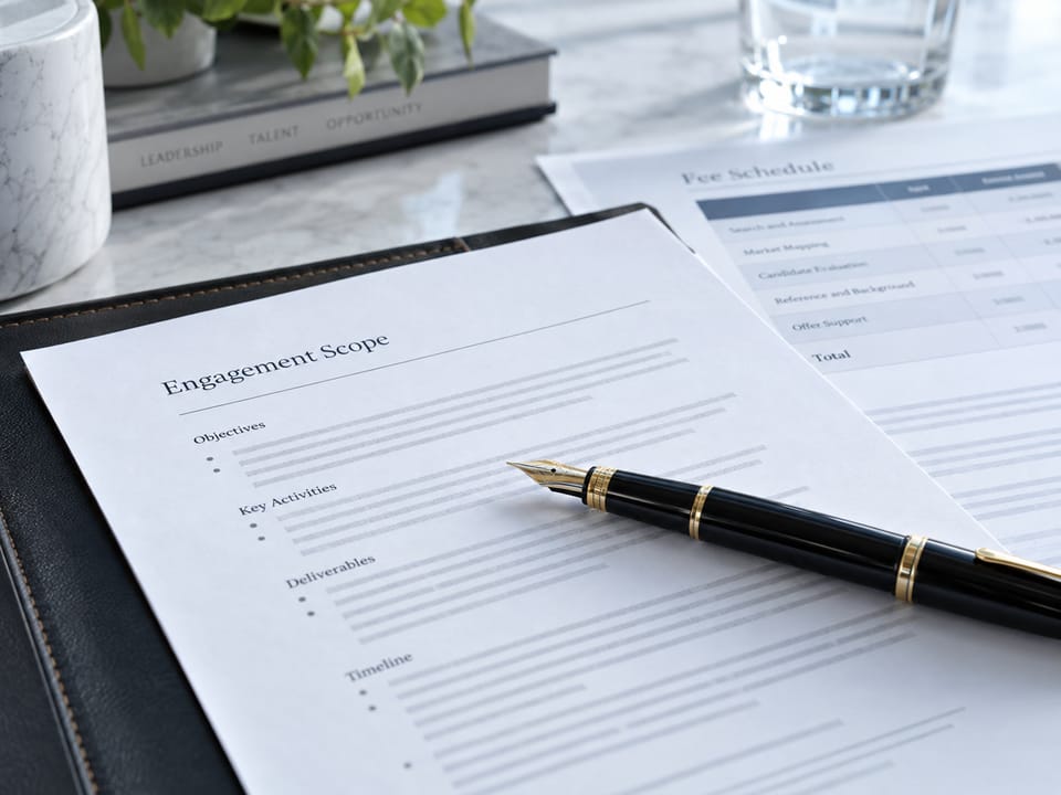 Cool-white daylight boardroom with a printed engagement scope document and a fee schedule