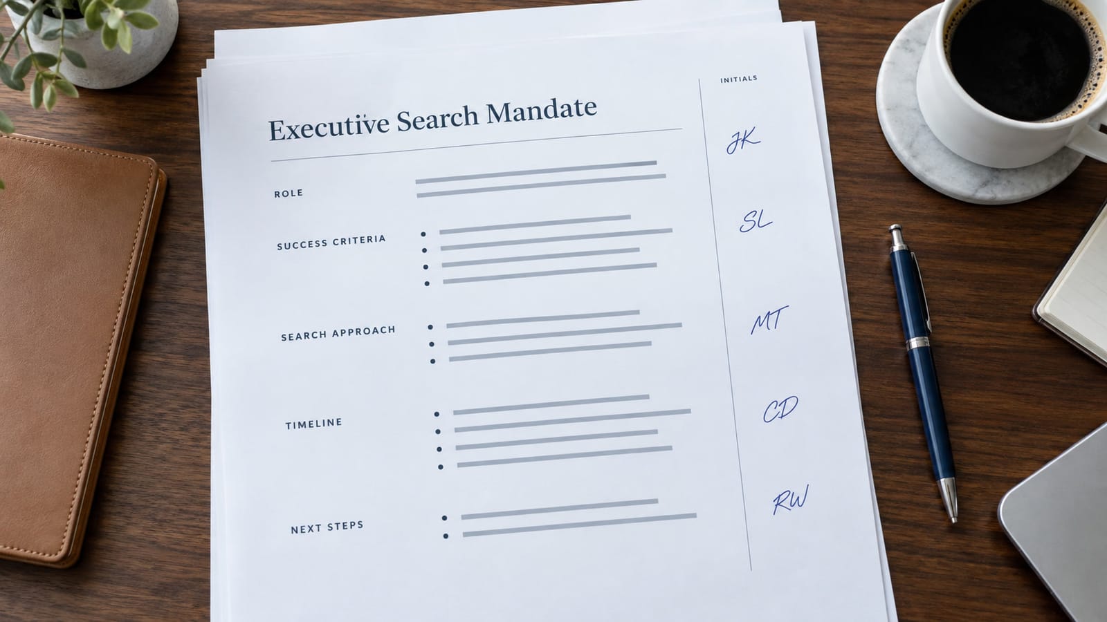 Executive search mandate document under review with success criteria marked in the margin