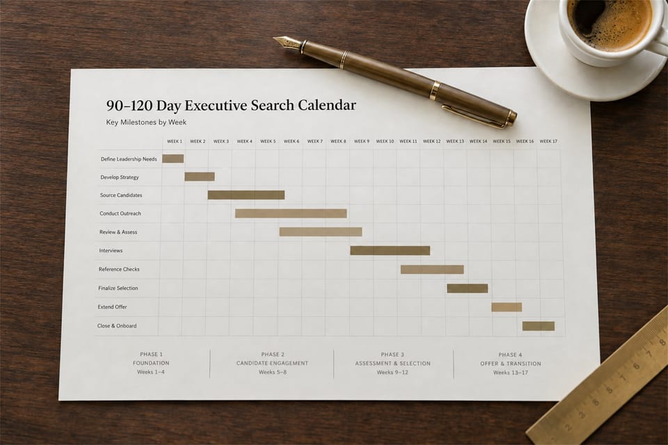 Cool-white daylight boardroom with a printed phase-by-phase search calendar and a leather portfolio