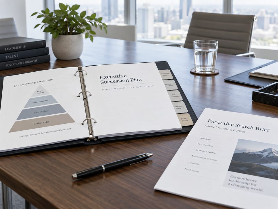 Cool daylight boardroom with a succession plan on the table and a search brief
