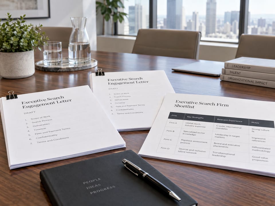 Advius Group executive search planning materials on a walnut boardroom table in cool daylight