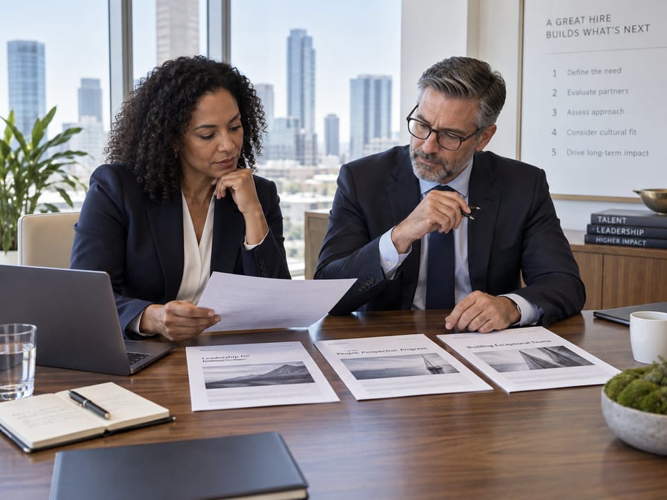 Two executive leaders comparing search-firm proposals across a boardroom table in cool daylight