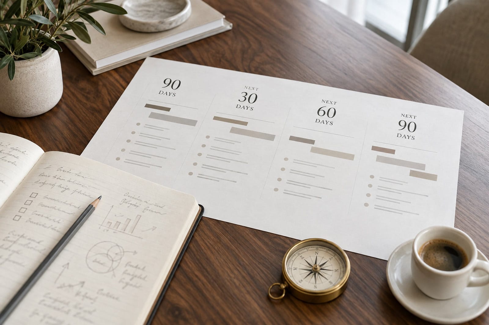 Cool daylight boardroom with a printed 120-day onboarding plan on a walnut table