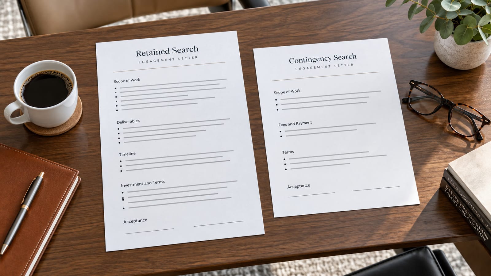 Retained and contingency engagement letters side by side under boardroom review