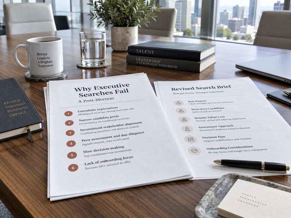 Cool daylight boardroom with a printed search post-mortem on a walnut table