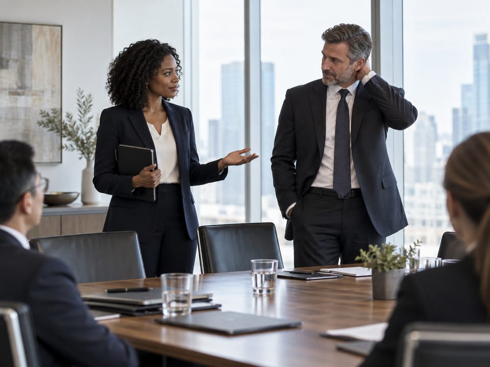 Ambiguous handshake between two executives in cool daylight boardroom, uncertainty framing