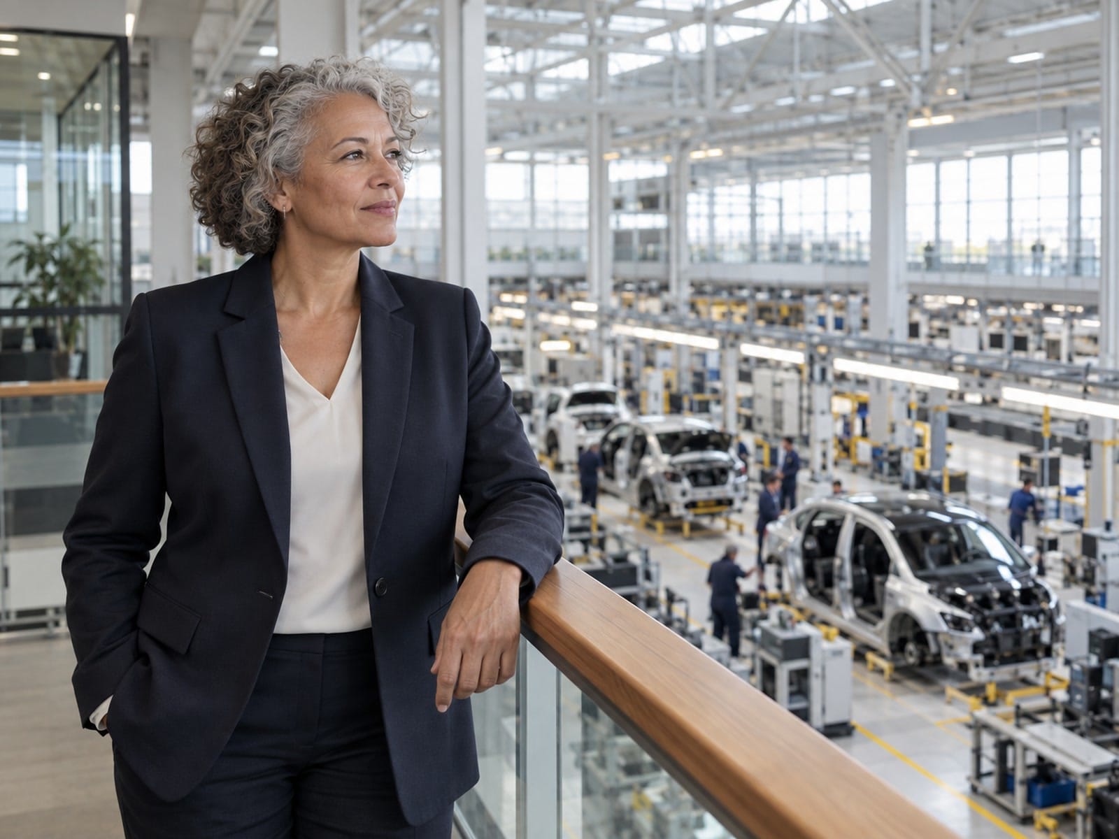 Automotive executive leadership scene, no logos, no readable text