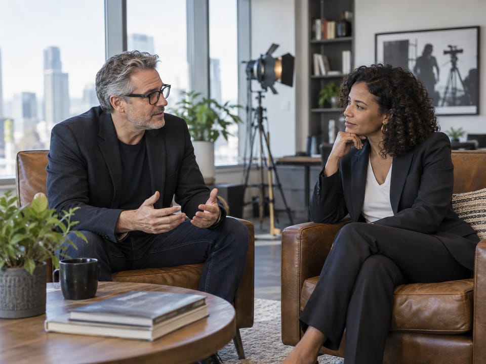 Two media executives in a quiet corner conversation