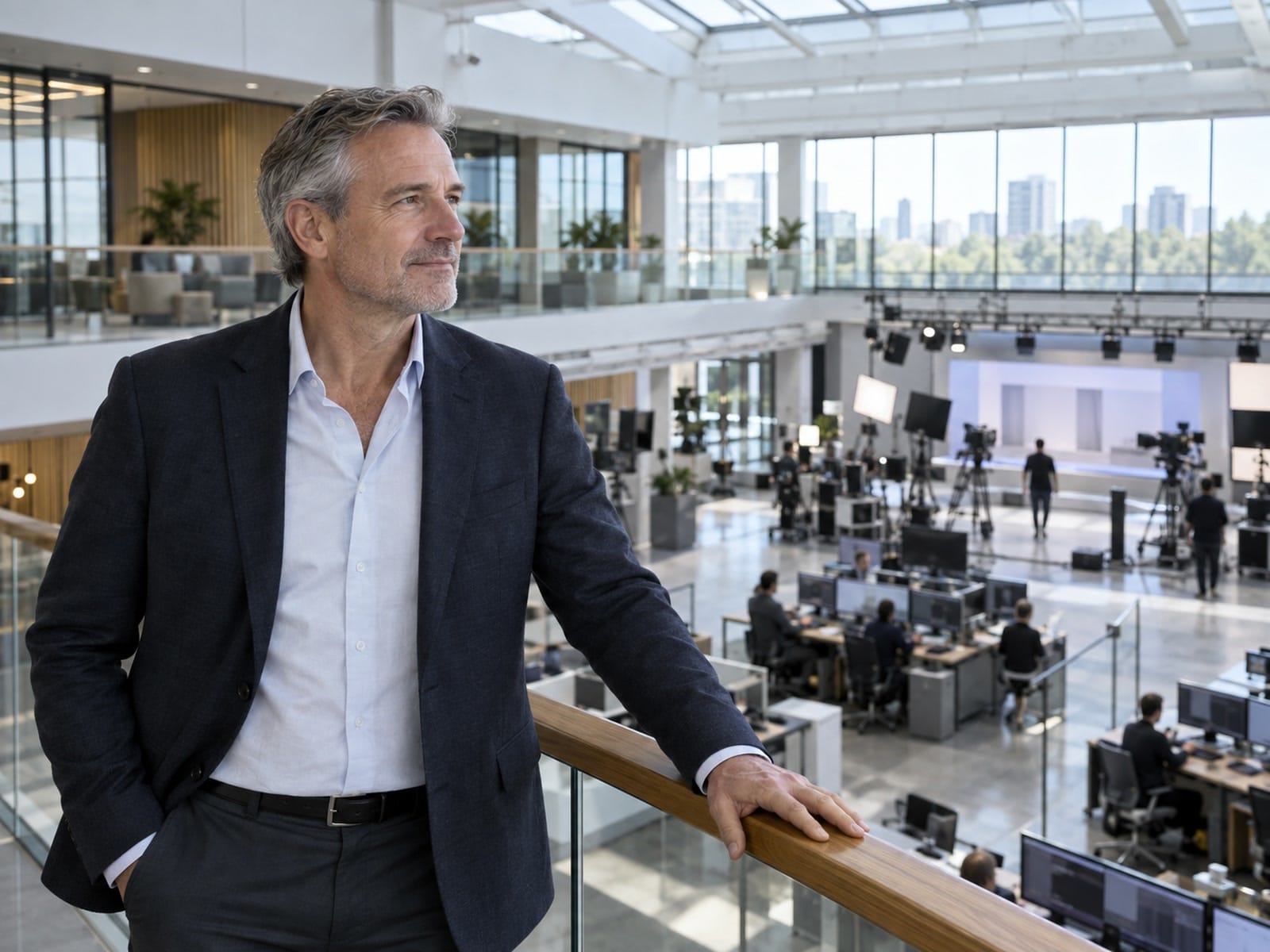 Media and entertainment executive leadership scene, no logos, no readable text