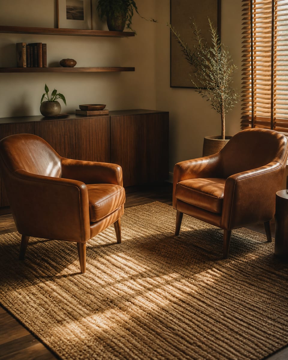Editorial photograph representing executive coaching: two leather club chairs in warm afternoon light