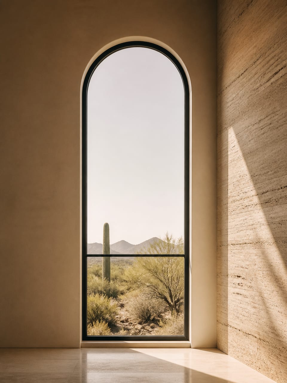 Tall arched window in a modernist Phoenix interior, warm afternoon light, saguaro and desert beyond, travertine wall to the side