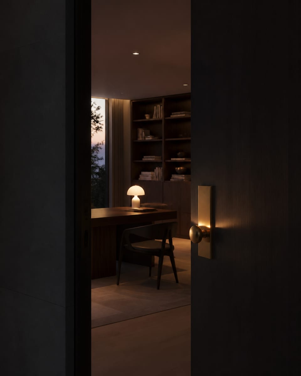 Editorial photograph representing 120-day integration: warmly lit modernist office through a partly open door
