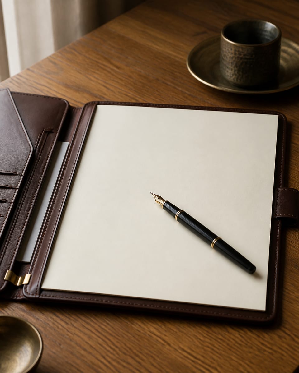 Editorial photograph representing retained executive search: leather portfolio and pen on warm oak