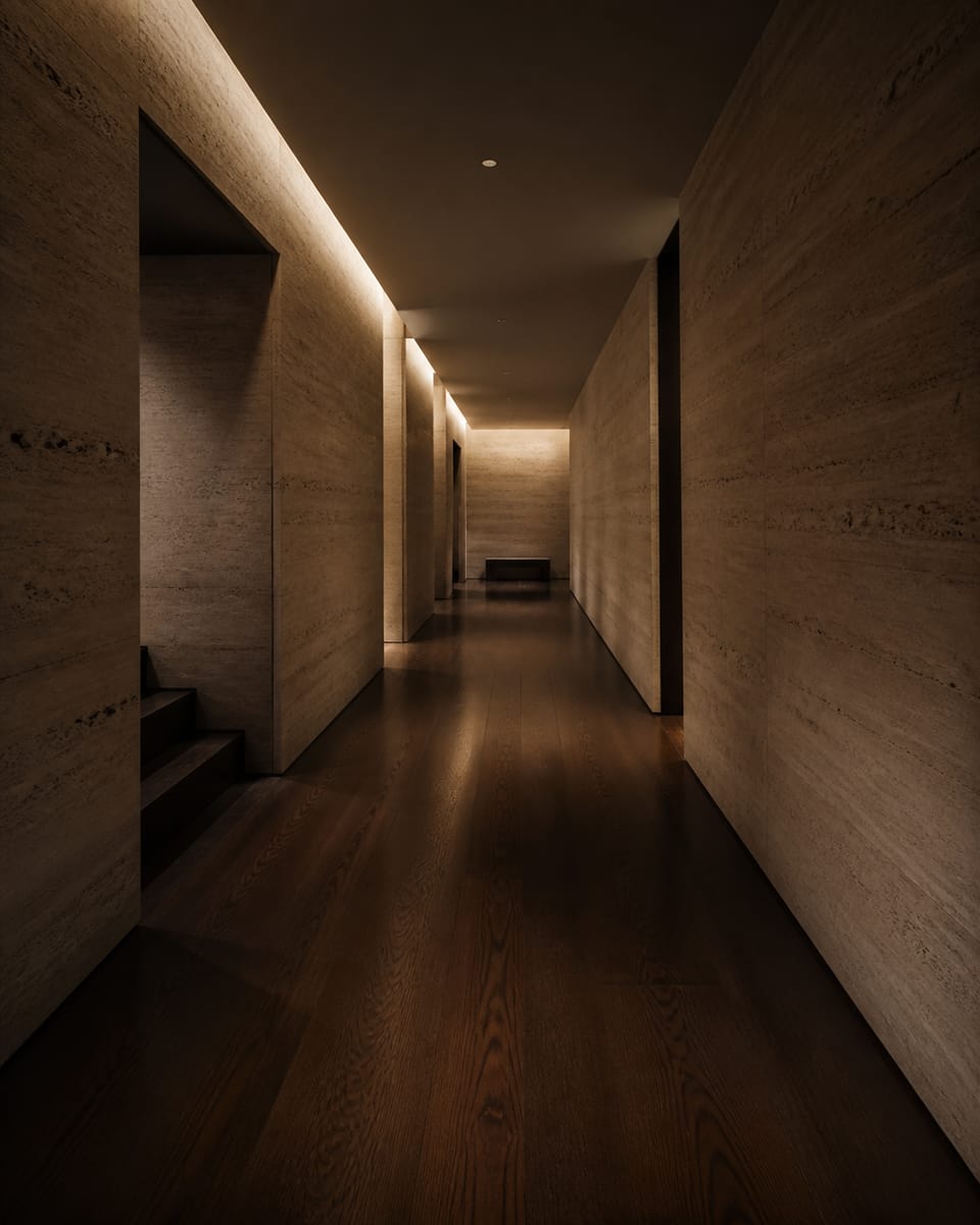 Warmly lit modernist travertine corridor